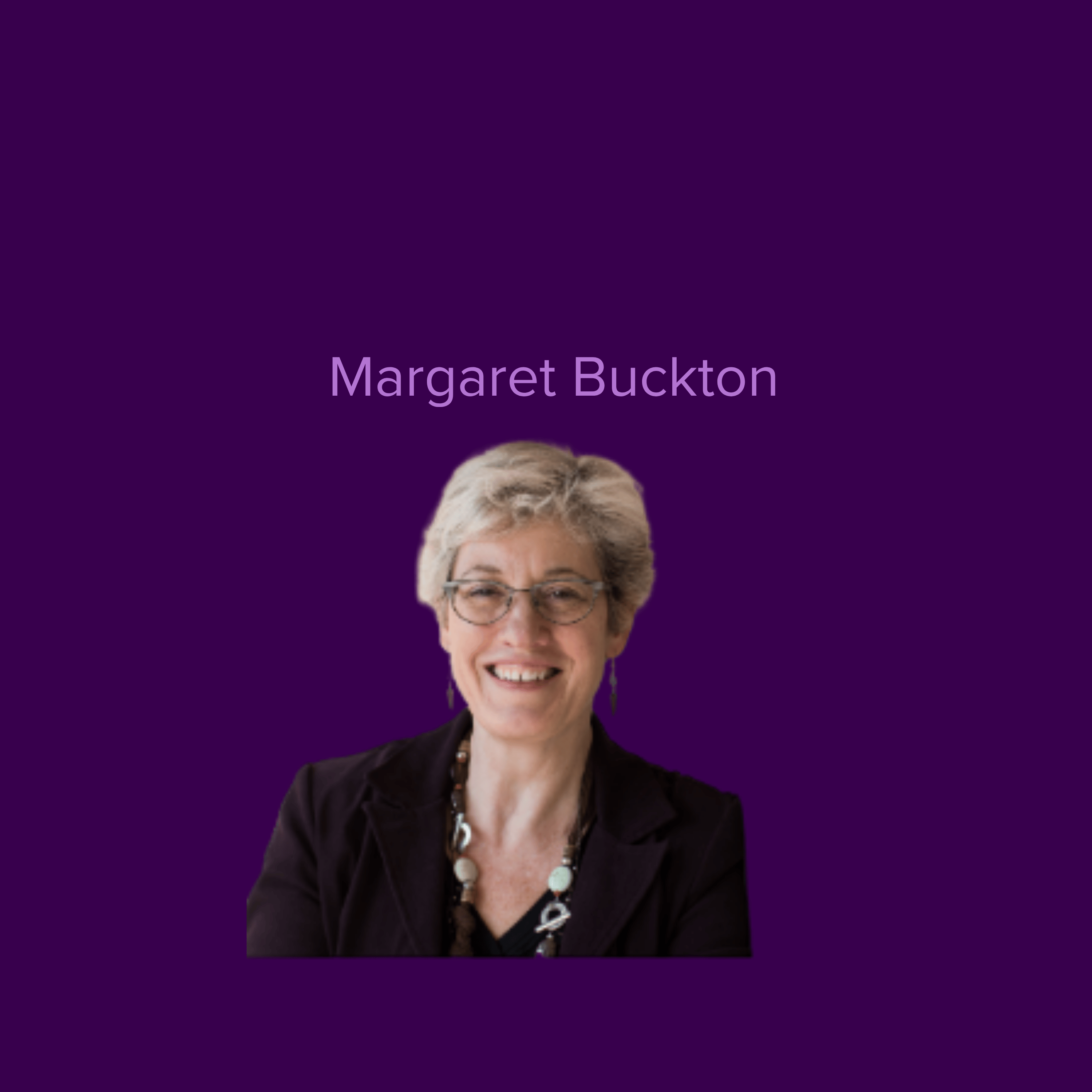 Image of a smiling woman with glasses Margaret Buckton